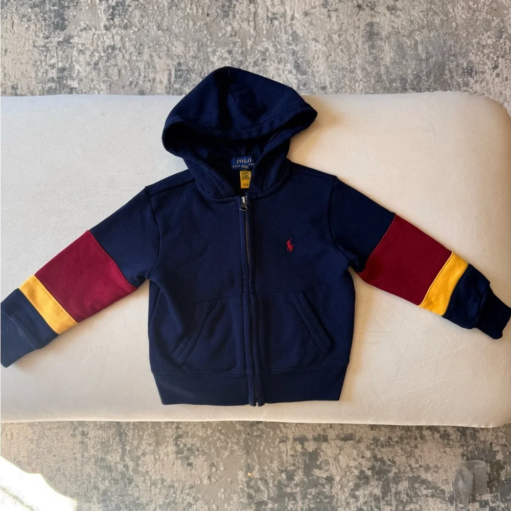 Polo by Ralph Lauren Kids' Zip-up Hoodie in Navy with Red and Yellow Sleeves